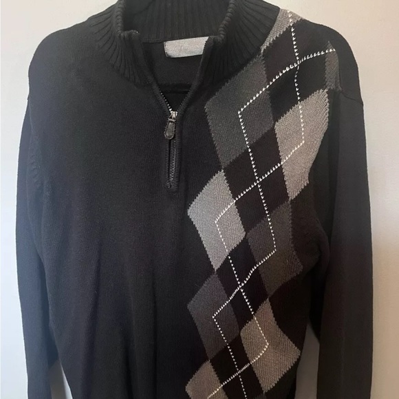 Oscar de la Renta Men Large Sweater Black and Grey 1/4 Zip Pullover Knit - Picture 1 of 4